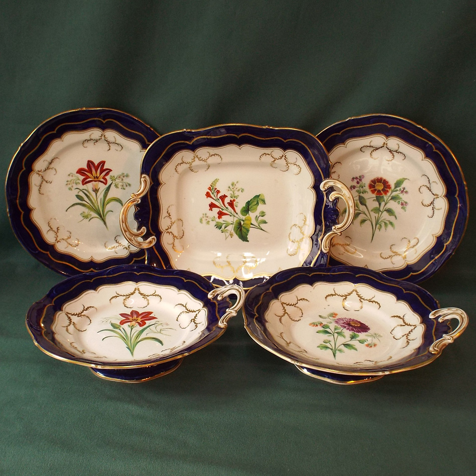 EARLY 19th CENTURY ENGLISH DESSERT SERVICE, HAND PAINTED WITH BOTANICAL SUBJECTS.