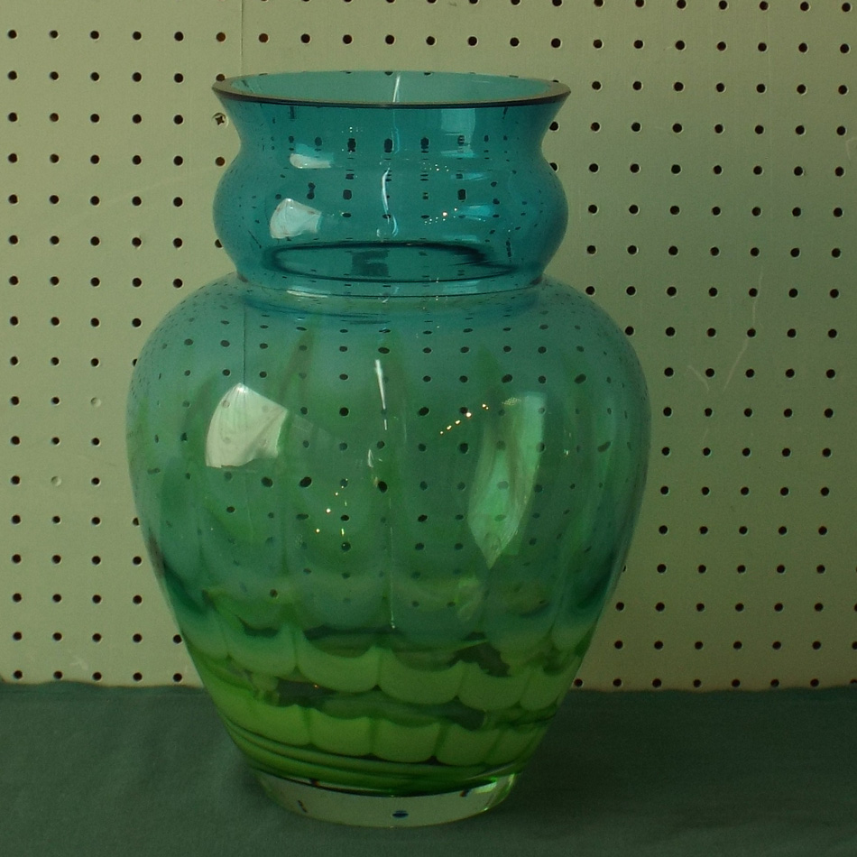 LARGE WATERFORD VASE OF BALUSTER FORM, BLUE AND GREEN TINTED DECORATION APPX 30cm HIGH.