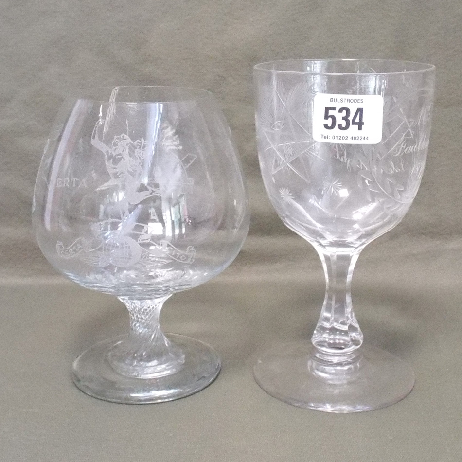 19th CENTURY CUT GLASS MASONIC GOBLET WITH ETCHED DECORATION DATED 1871 AND A MASONIC BRANDY