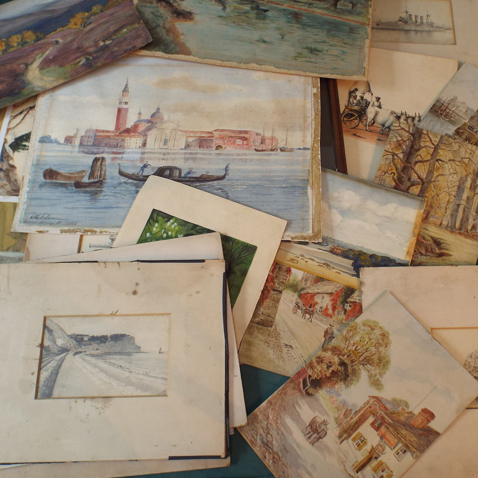 INTERESTING COLLECTION OF OLD UNFRAMED WATERCOLOUR & PENCIL SKETCHES, SOME SIGNED EC HOYLE, CIRCA