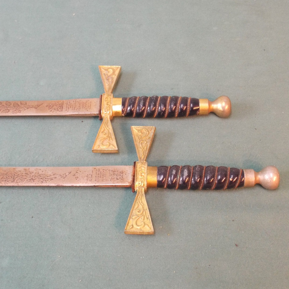 PAIR OF DRESS SWORDS BY WILKINSON WITH CRUCIFORM BRASS HILTED HANDLES, POSSIBLY MASONIC.