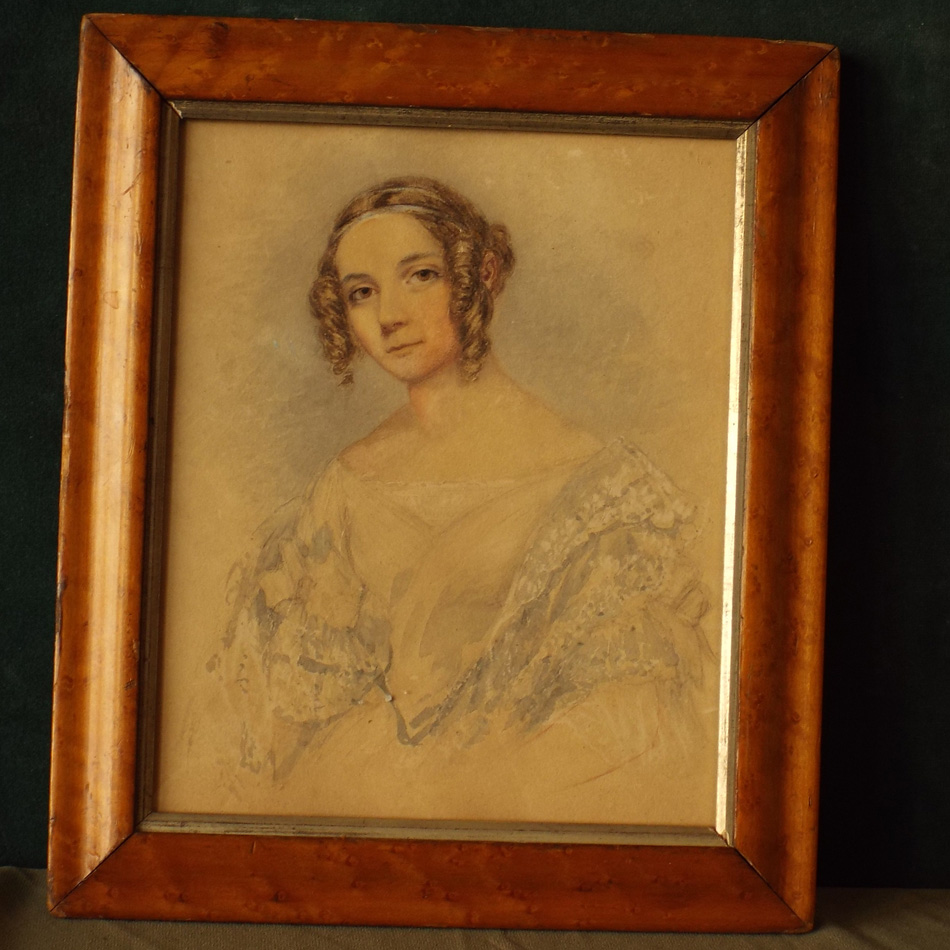 VICTORIAN MAPLE FRAMED WATERCOLOUR PORTRAIT OF A YOUNG LADY - INSCRIBED ON REVERSE - ESTHER BROWN