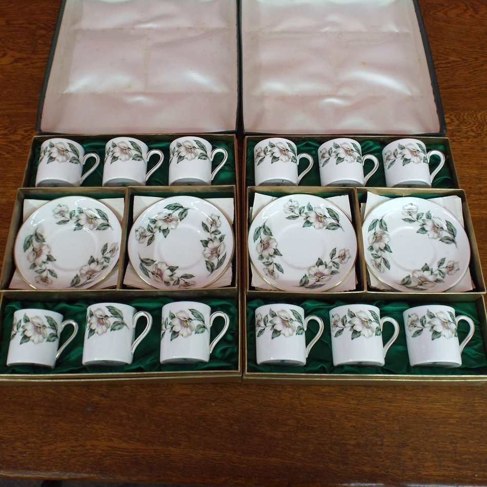 2 CROWN STAFFORDSHIRE FINE BONE CHINA COFFEE SETS COMPRISING 6 COFFEE CANS AND SAUCERS, DECORATED