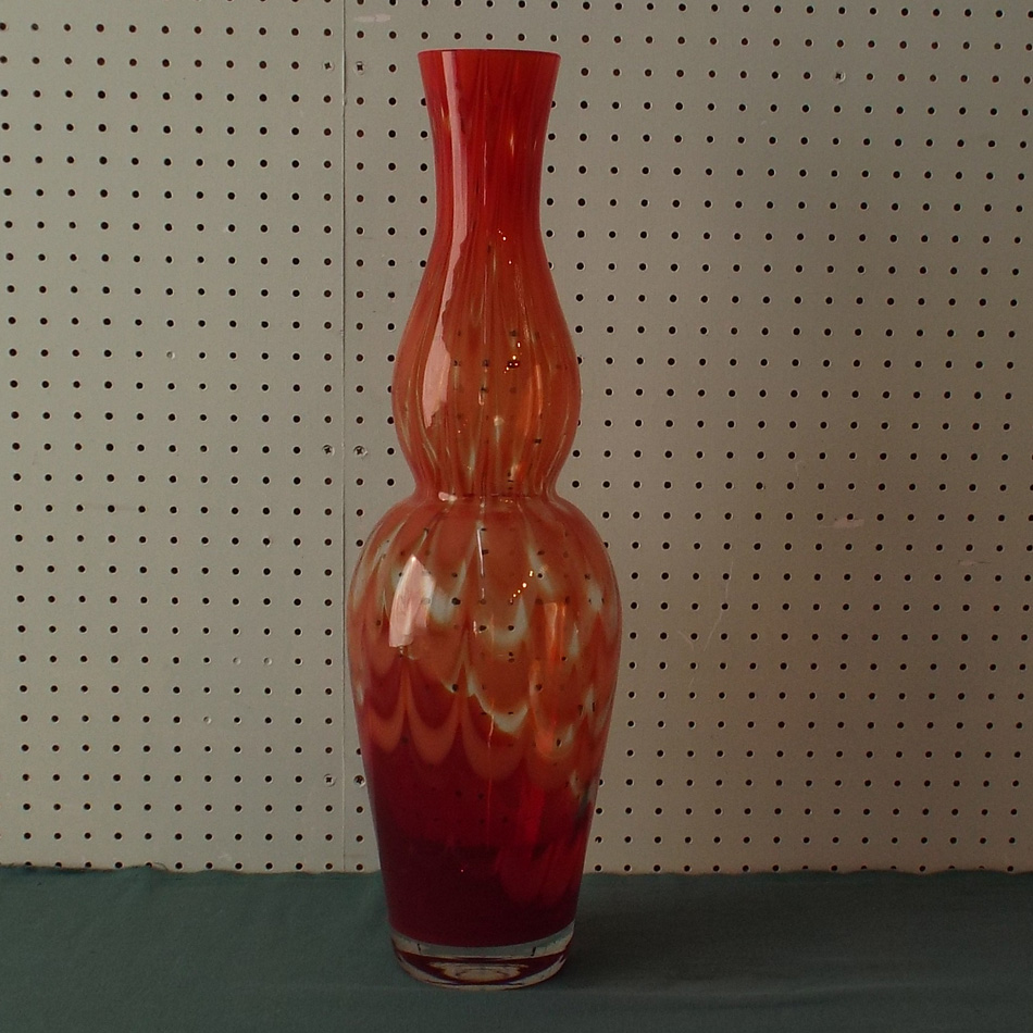TALL WATERFORD VASE OF WAISTED FORM DECORATED IN RED AND ORANGE. APPX 50cm TALL.
