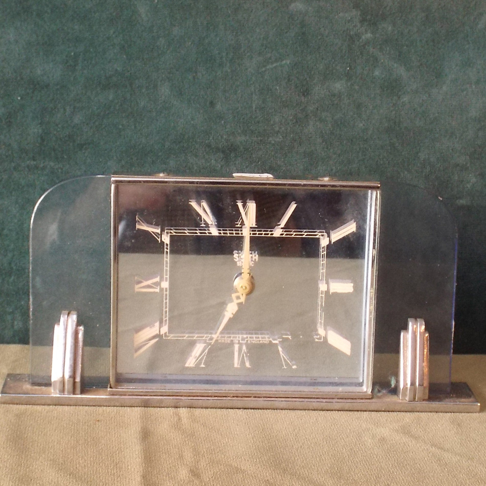 1920`s ART DECO GLASS AND CHROME MANTEL CLOCK BY SMITH.