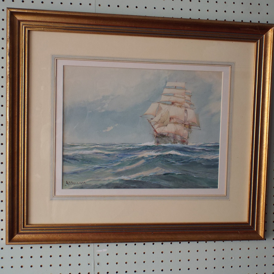 PAIR OF MARINE WATERCOLOURS DEPICTING CLIPPER SHIPS IN CHOPPY SEAS, BOTH SIGNED A D BELL, DATED