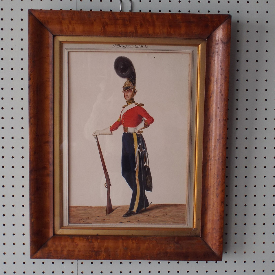 MAPLE FRAMED WATERCOLOUR OF A FIFTH DRAGOON GUARD, SIGNED FW BARRY 1820.