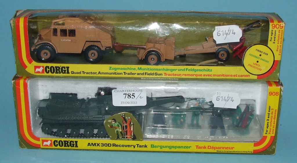 A Corgi AMX30D recovery tank vehicle, No 908, and another, No 909, both boxed (2)