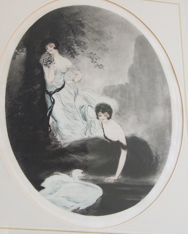 A Maurice Milliere style oval etching, two ladies by the waterside with a swan