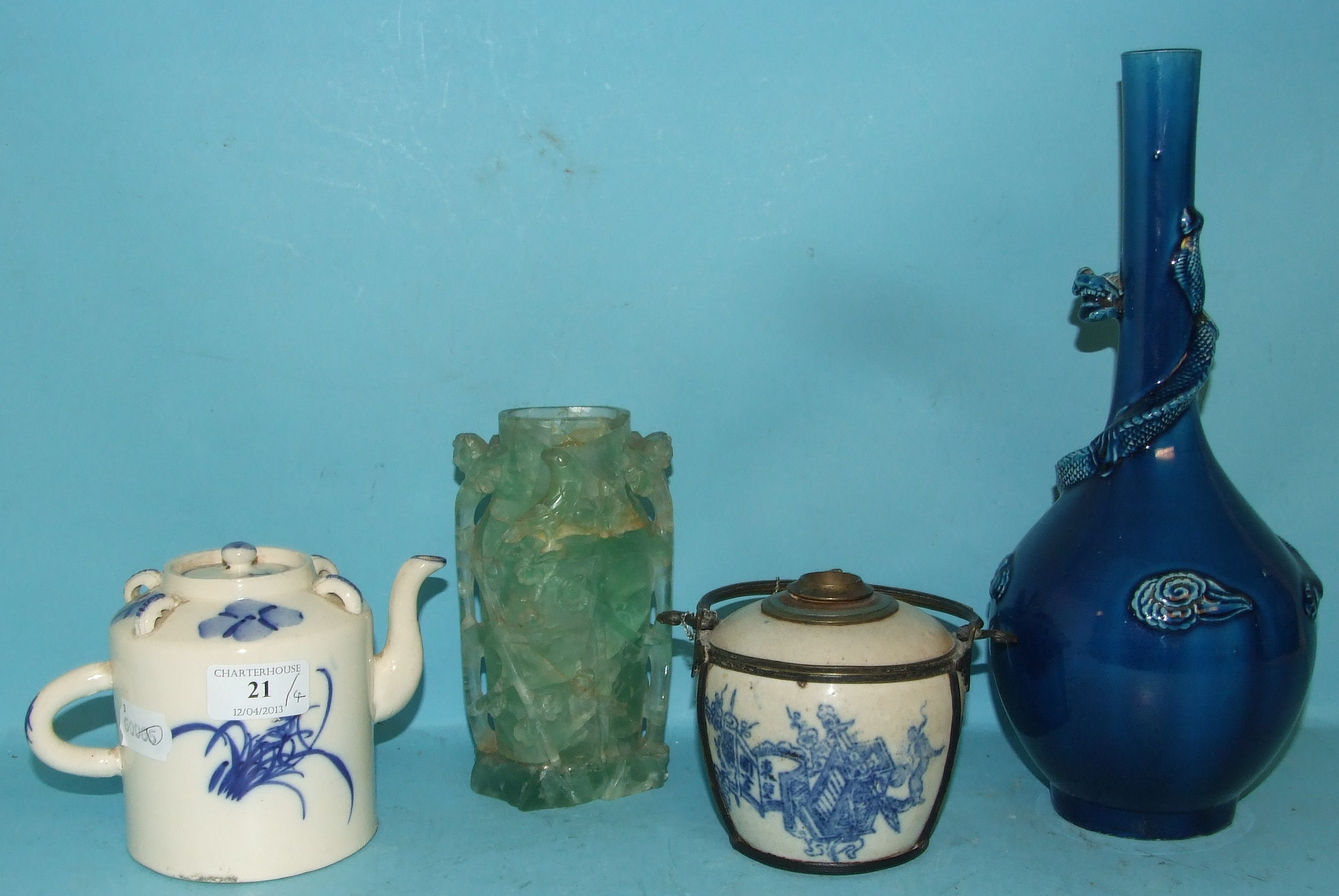 A Chinese bottle vase, decorated a dragon, 31 cm high, and other items (a.f.) (4)
