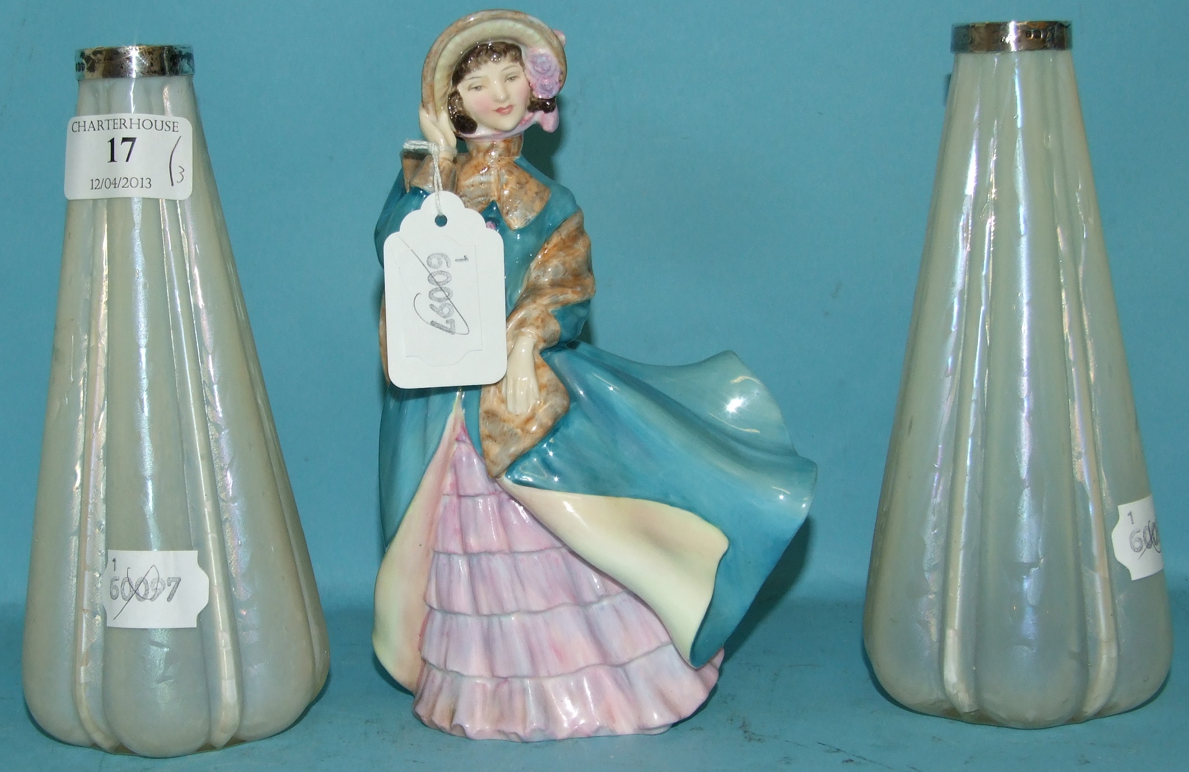 A Royal Doulton figure, Delphine, HN2136, and a pair of iridescent glass vases, with silver collars,