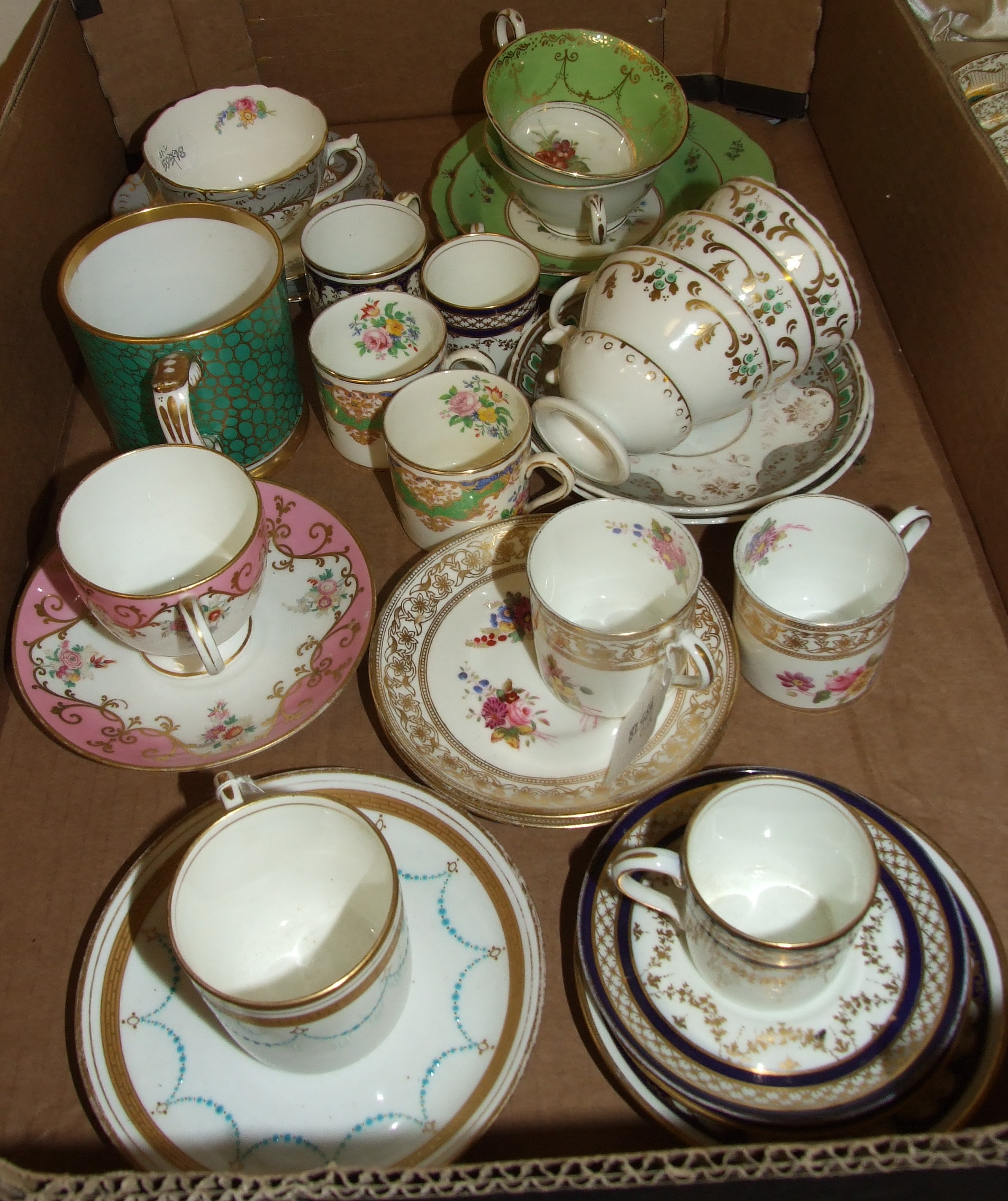 A 19th century porcelain mug, Presented By W A D to Rob Hayman 1865, assorted coffee cans and tea