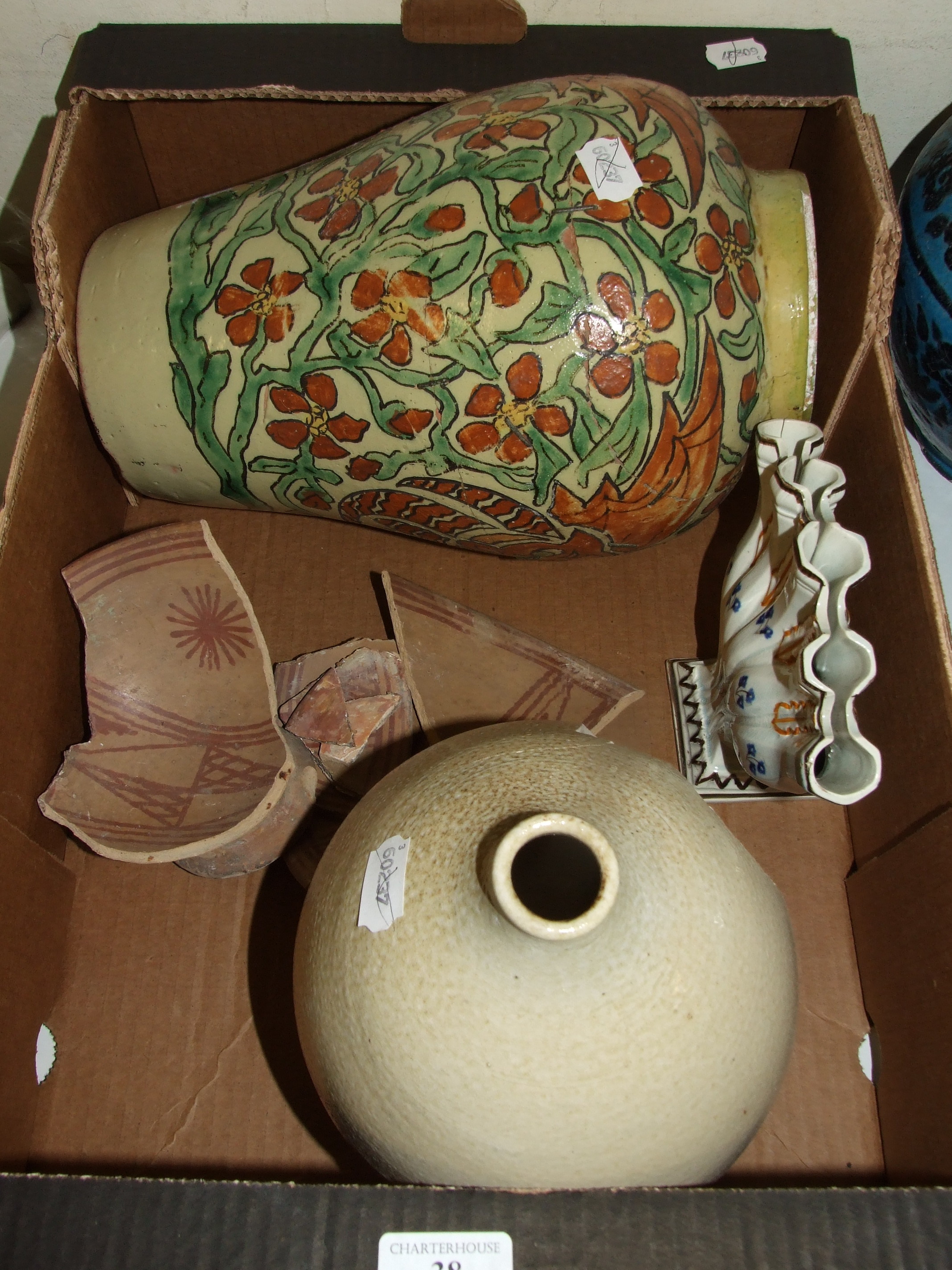 A Plains Indian pottery bowl, an oriental vase, a tulip holder, and a Persian style vase (a.f.) (4)