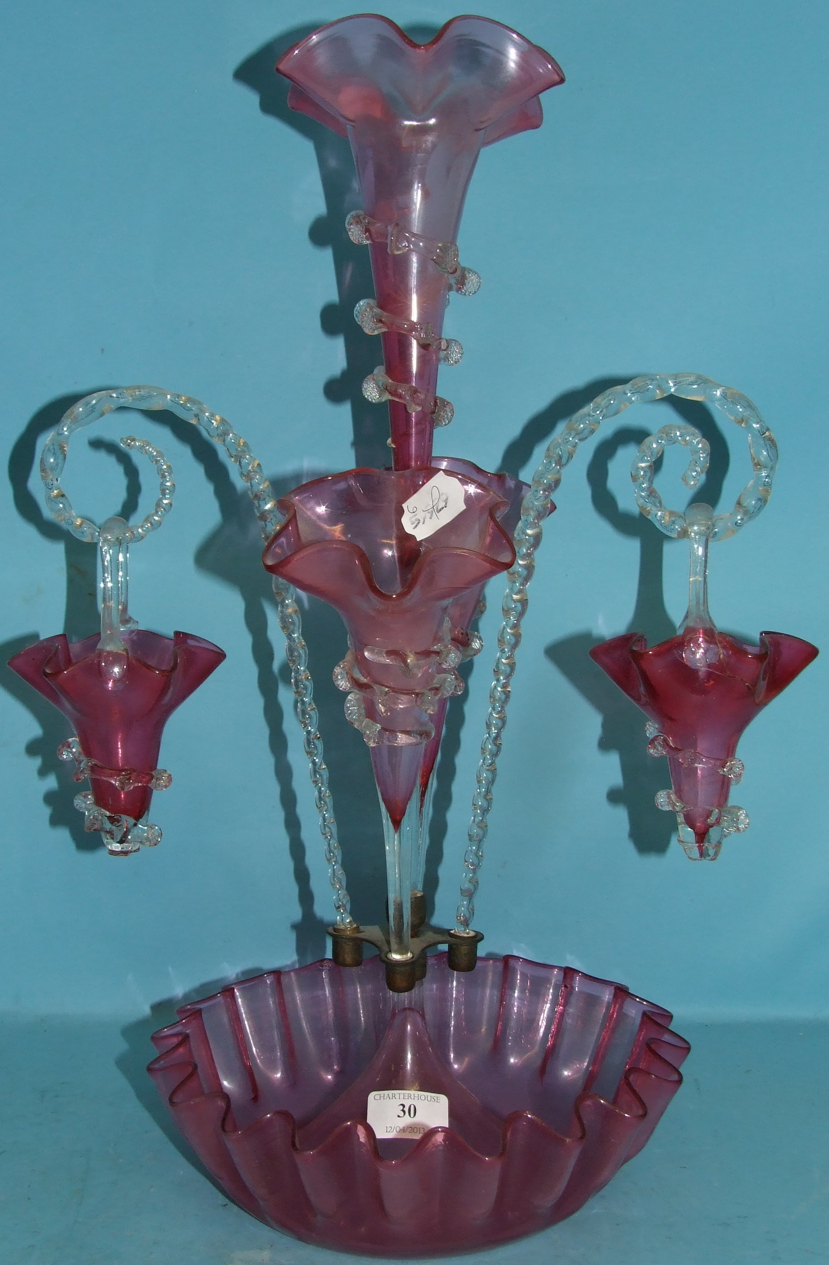 A cranberry and clear glass epergne, 53 cm high