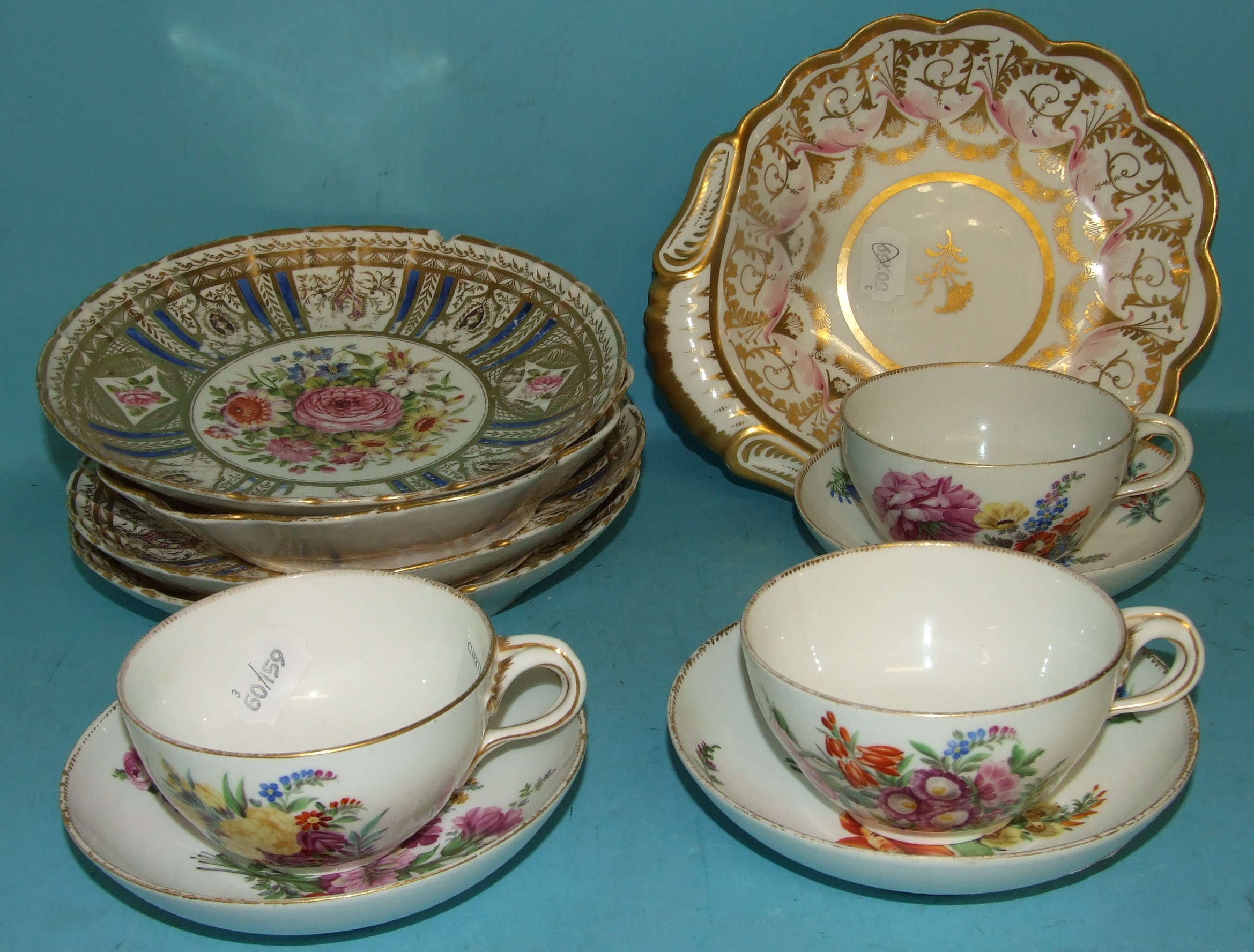 Three Meissen porcelain tea cups and saucers, painted flowers, three porcelain plates and two dishes