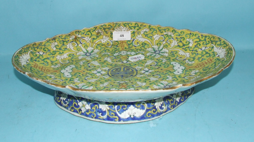 A Chinese comport, decorated flowers on a yellow ground, 38.5 cm wide (a.f.)