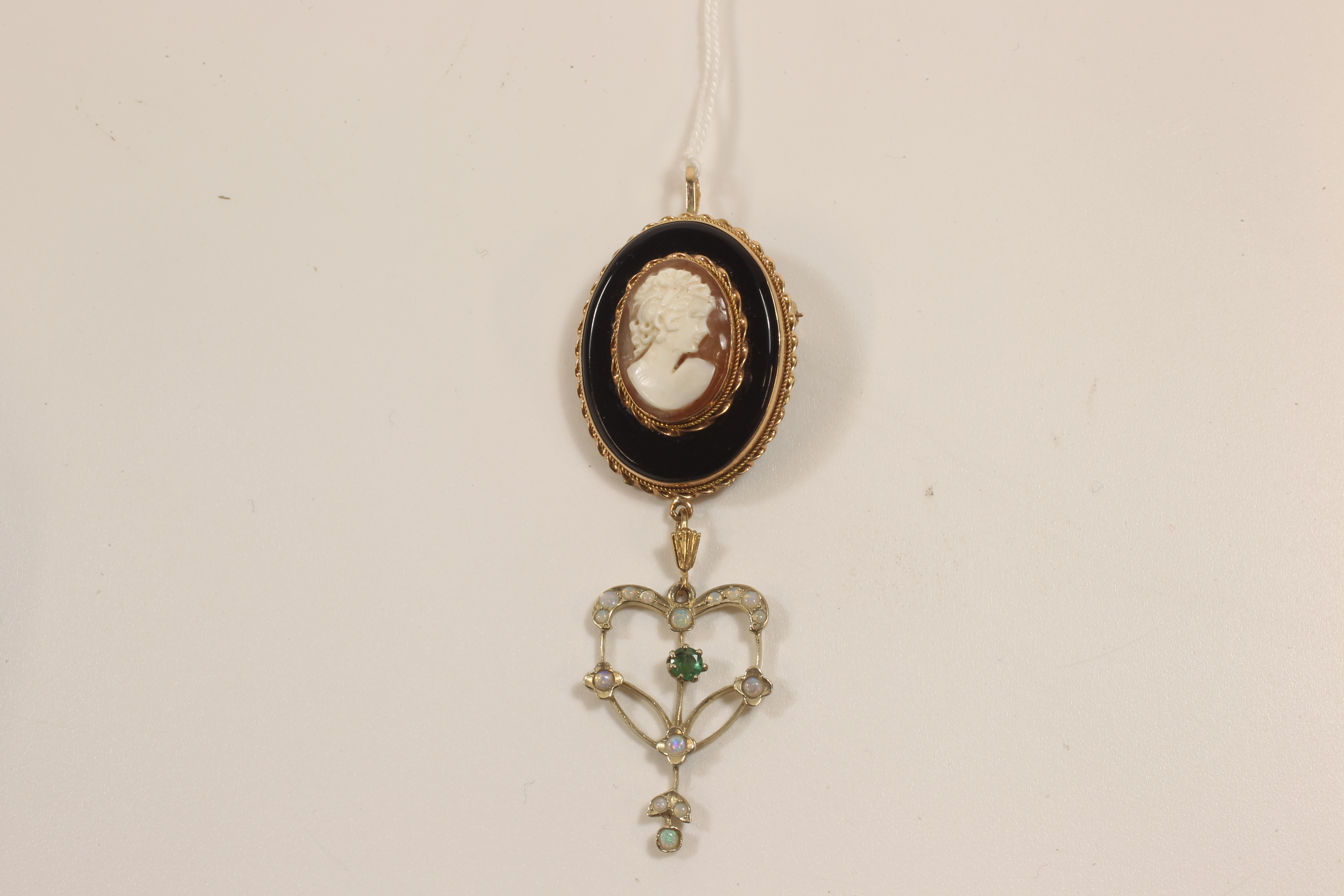 -Click here to bid -   9ct brooch with cameo setting and Opal Peridot drop pendant (est. £95-£105)