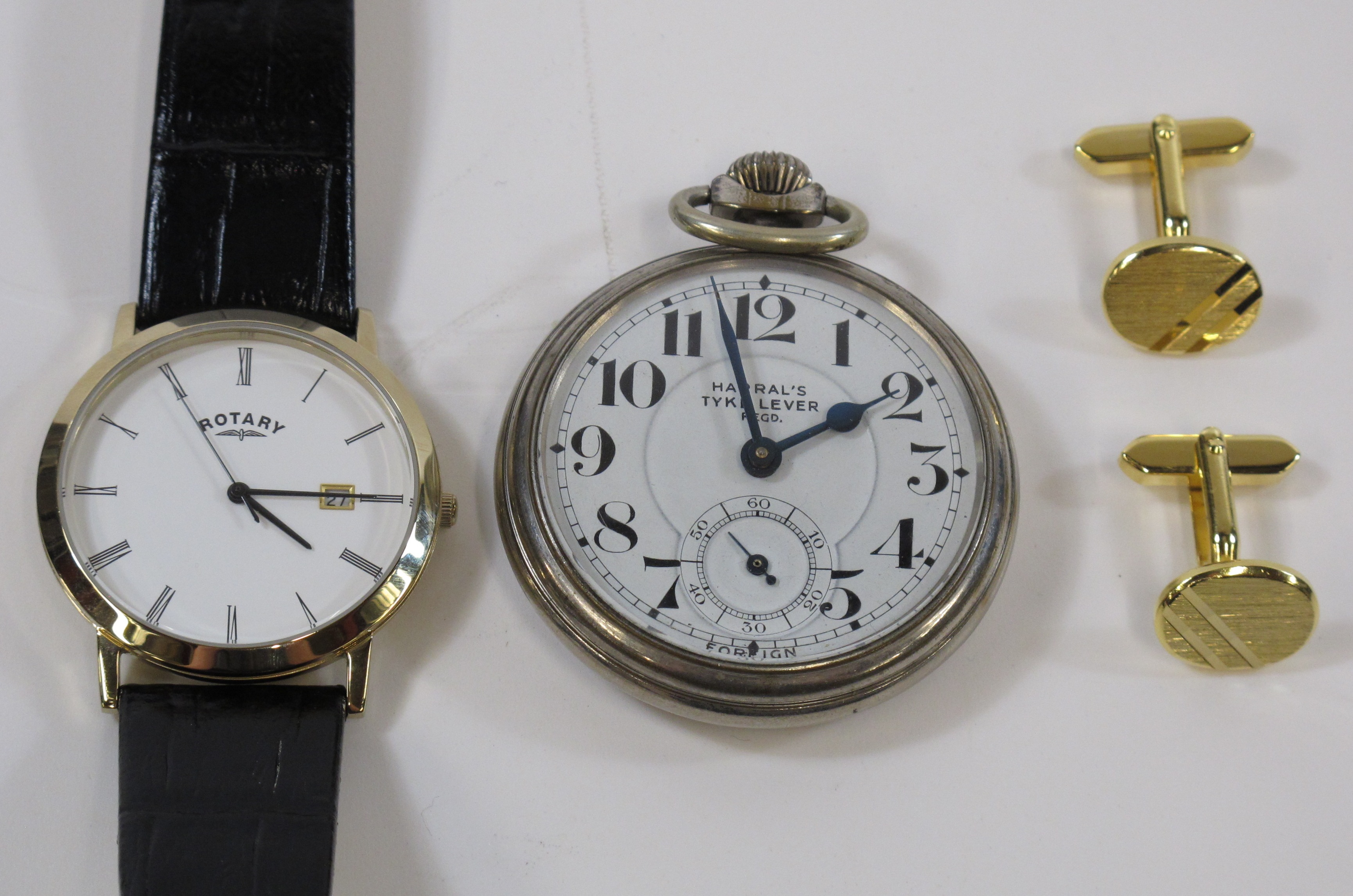 "Harral`s Tyke Lever pocket watch, Gents Rotary Watch & a pair of Gold coloured cufflinks (est. £