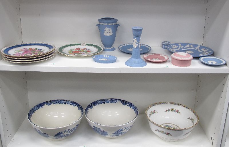 "A collection of blue/white, pink/white Wedgwood items and a large Coalport bowl decorated with