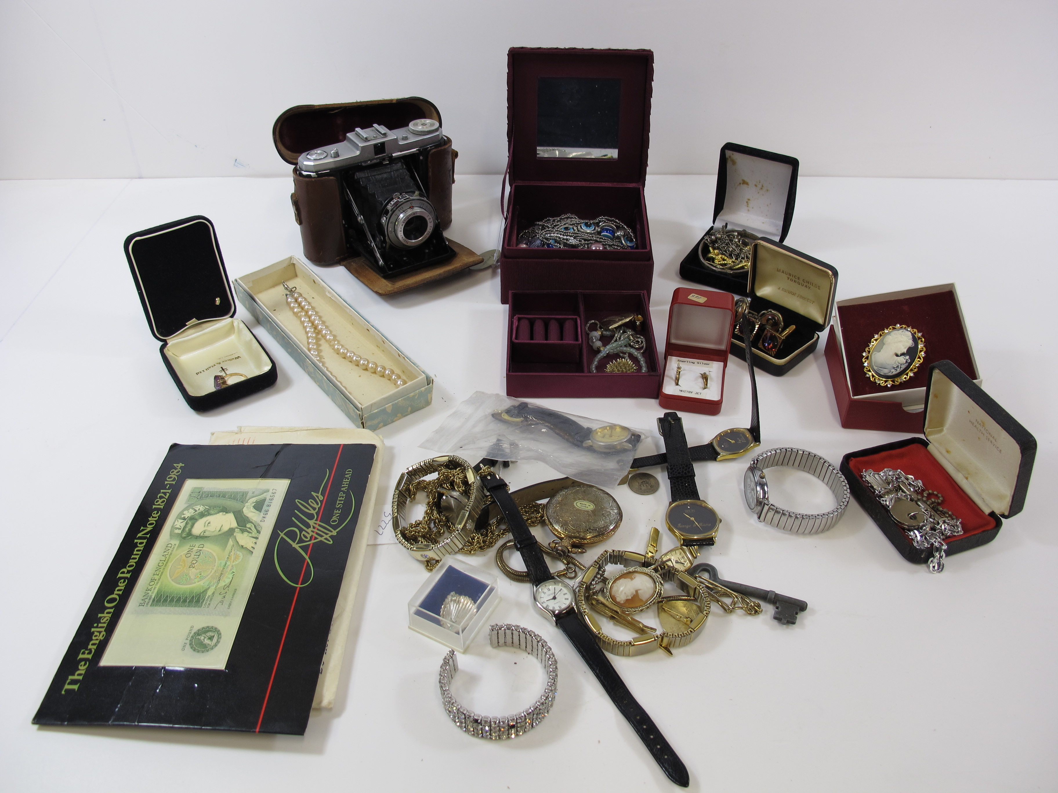 "9 Carat Gold ring, Silver bangle and a quantity of costume jewellery, camera etc (est.£40-£60)"