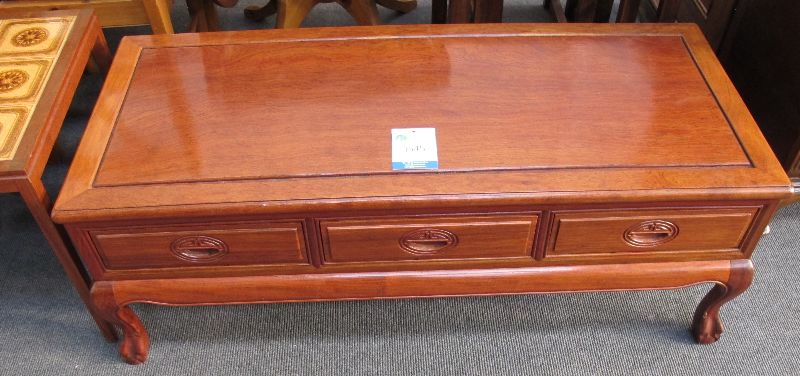 ORIENTAL HARDWOOD THREE DRAWER COFFEE TABLE AND 3 X TILE-TOP OCCASIONAL TABLESBidding is taking
