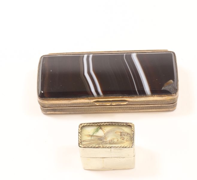 ANTIQUE AGATE BOX WITH NUTMEG GRATER INTERIOR AND ANOTHER WITH PAINTED BIRD PANELBidding is taking