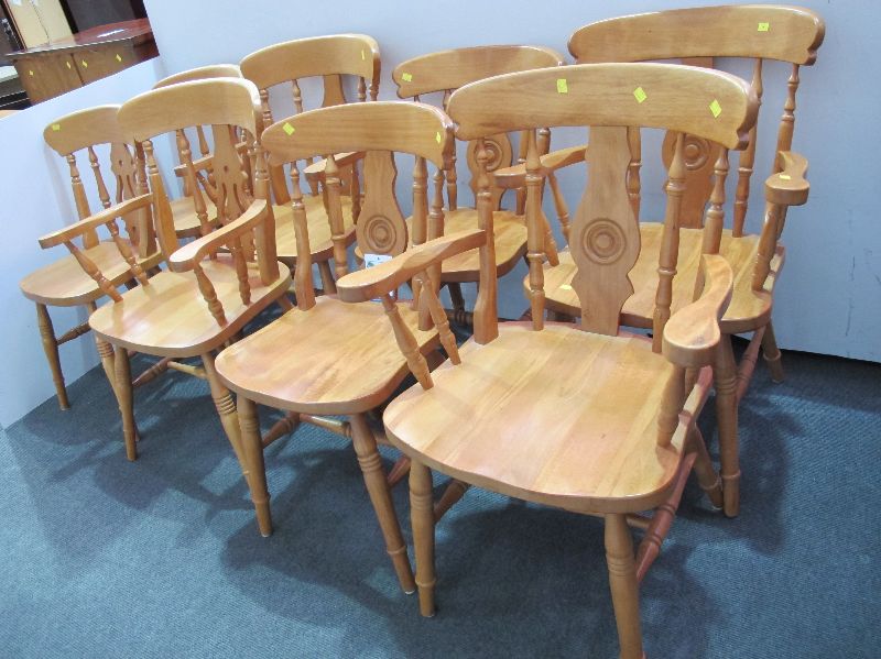 2 SETS OF 4 LIGHT WOOD SPINDLE BACK DINING CHAIRS AND WOODEN FRAMED UPHOLSTERED ARM CHAIRBidding