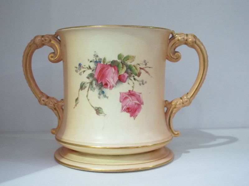 ROYAL WORCESTER BLUSH GROUND TWO HANDLED LOVING CUP PAINTED WITH ROSES 15CMBidding is taking place