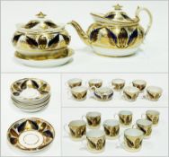 Early 19th century china part teaset, including:- oval teapot with everted rim, covered sucrier,