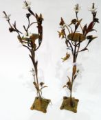 Pair gilt metal and ceramic candlesticks, each in the form of white floral sprays on column, foliate
