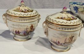 Pair late 19th century Meissen style porcelain sauce tureens and covers, circular and shaped, each