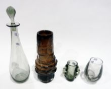 Whitefriars type clear glass vase, studio glass tapering vase together with two other studio glass