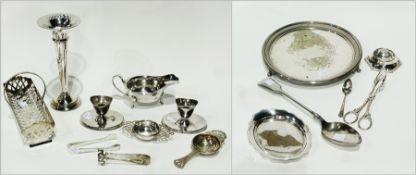 Walker and Hall silver plated circular tray, plated gravy spoon, tea strainer and other items