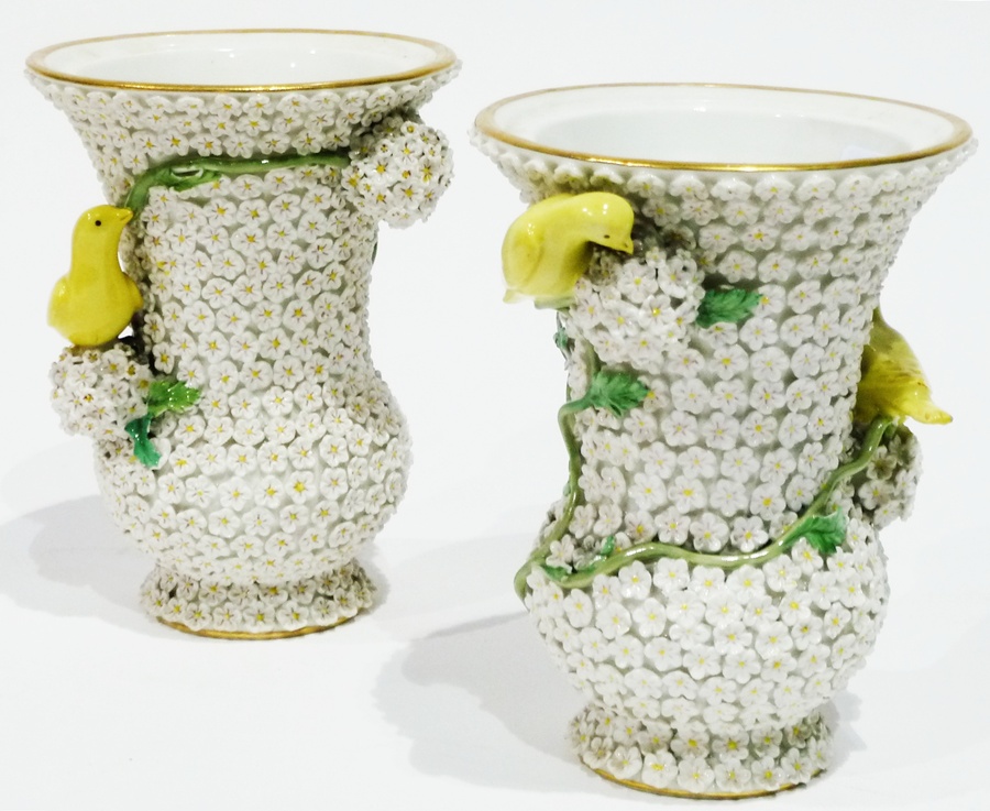 Pair Continental vases, of baluster form, encrusted with flowers and birds, 13cm high (2)