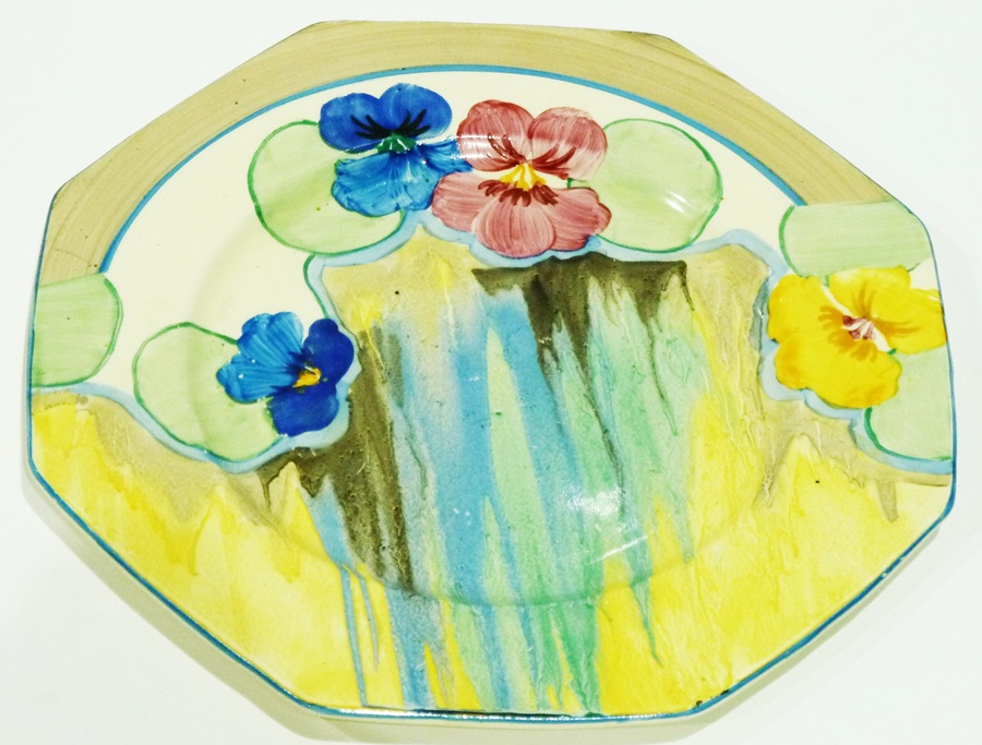 Clarice Cliff pottery 'Pansies' plate, octagonal, 23cms diam.