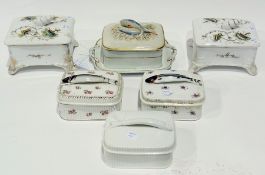 Four various covered sardine dishes and pair continental china covered boxes with shell finials to