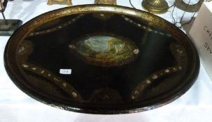 Large Victorian papier mache tray, the centre painted with alpine scene with chalet, gilt