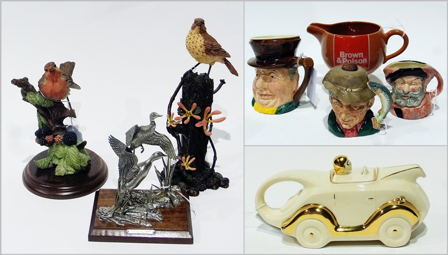 Two Doulton character jugs, another, three bird models, car teapot and Carlton Ware Brown and Polson