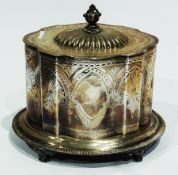 Victorian plated biscuit box, oval with serpentine sides, engraved with palmette shapes,