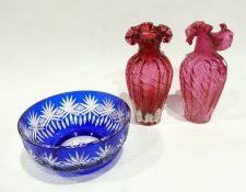 Pair cranberry glass vases, shouldered tapering and ribbed with everted frilled rim, 29cm high and a