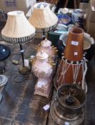 A tapering African drum, circular jardiniere, pair of table lamps with shades, pair of pink urns