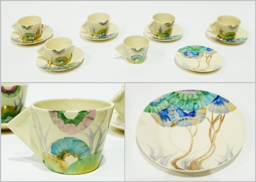 Set of six Clarice Cliff daffodil shape 'Viscaria'  cups and saucers