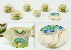 Set of six Clarice Cliff daffodil shape 'Viscaria'  cups and saucers