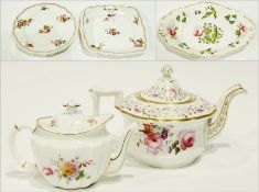 Victorian china teapot, floral spray painted, three 19th century china plates, floral painted, Spode