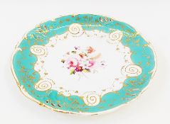 Early nineteenth-century Coalport china plate, painted with floral spray to the centre, turquoise