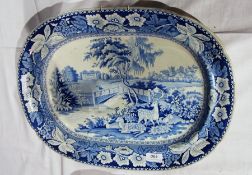 19th century Ridgway pottery meatplate, decorated with deer in foreground next to bridge over