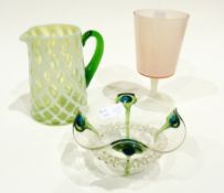 Vaseline glass jug with latticework, Art Nouveau style glass vase with wavy everted rim with blue