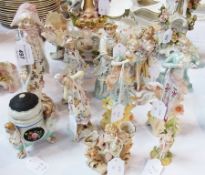 Seven Continental tinted bisque and other figures, two smaller  figure spill vases and