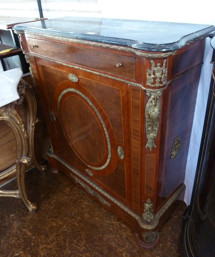 Reproduction walnut veneered marble-topped credenza with gilt-coloured metal mounts, single drawer