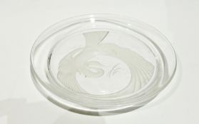 Glass dish, decorated to the underside with Intaglio depiction of a swan, with everted rim, 32cm